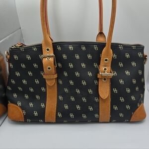 Dooney & Bourke Black Signature DB Vachetta Leather Trim Domed Satchel